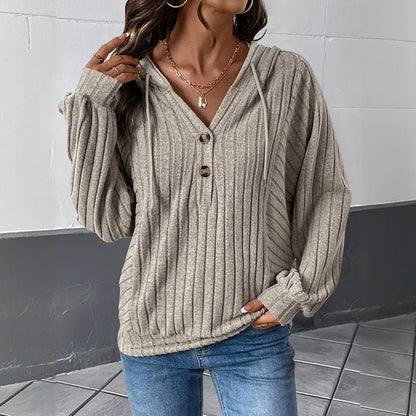 Women's Hooded Ribbed Knit Sweater Button Front Pullover