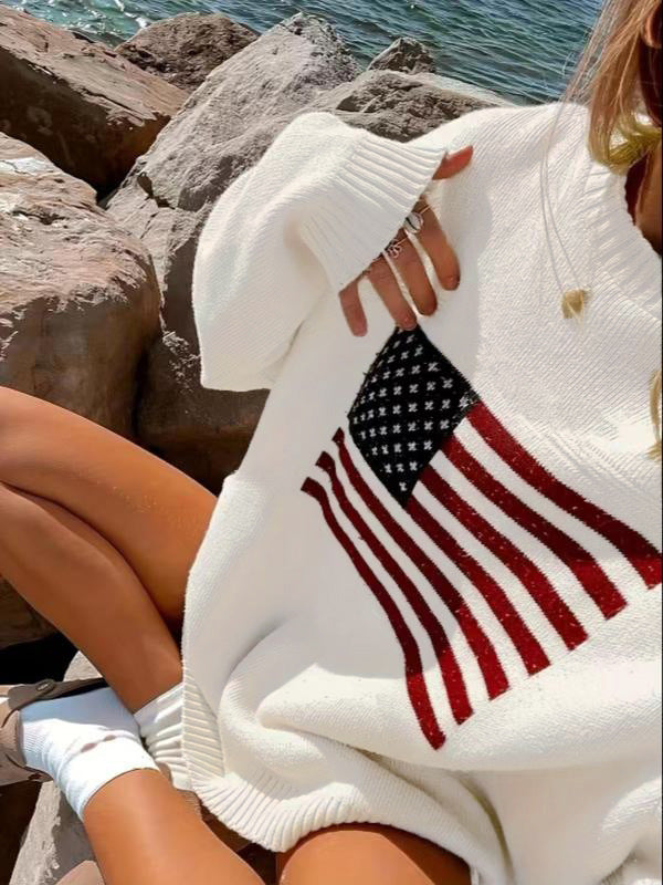 Oversized American Flag Crewneck Knit Sweater