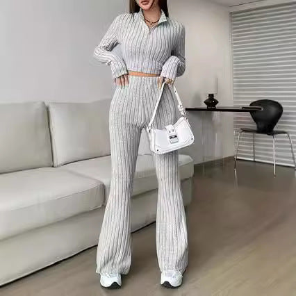 Women's Ribbed Zip Up Crop Top & High Waist Flare Pants Set