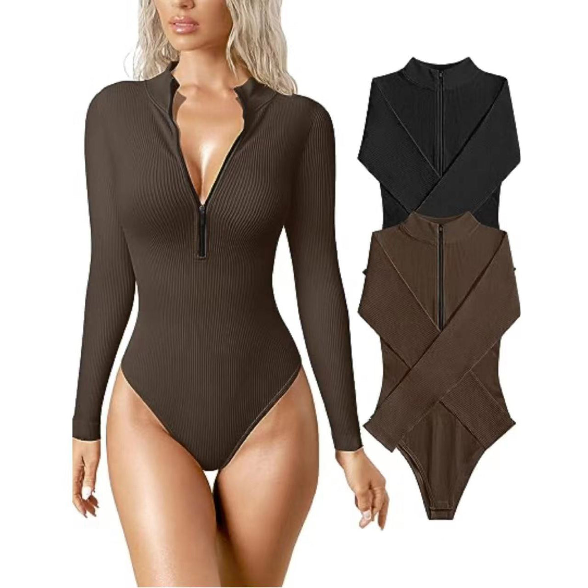 Sexy Ribbed Zip Front Long Sleeve Bodysuit