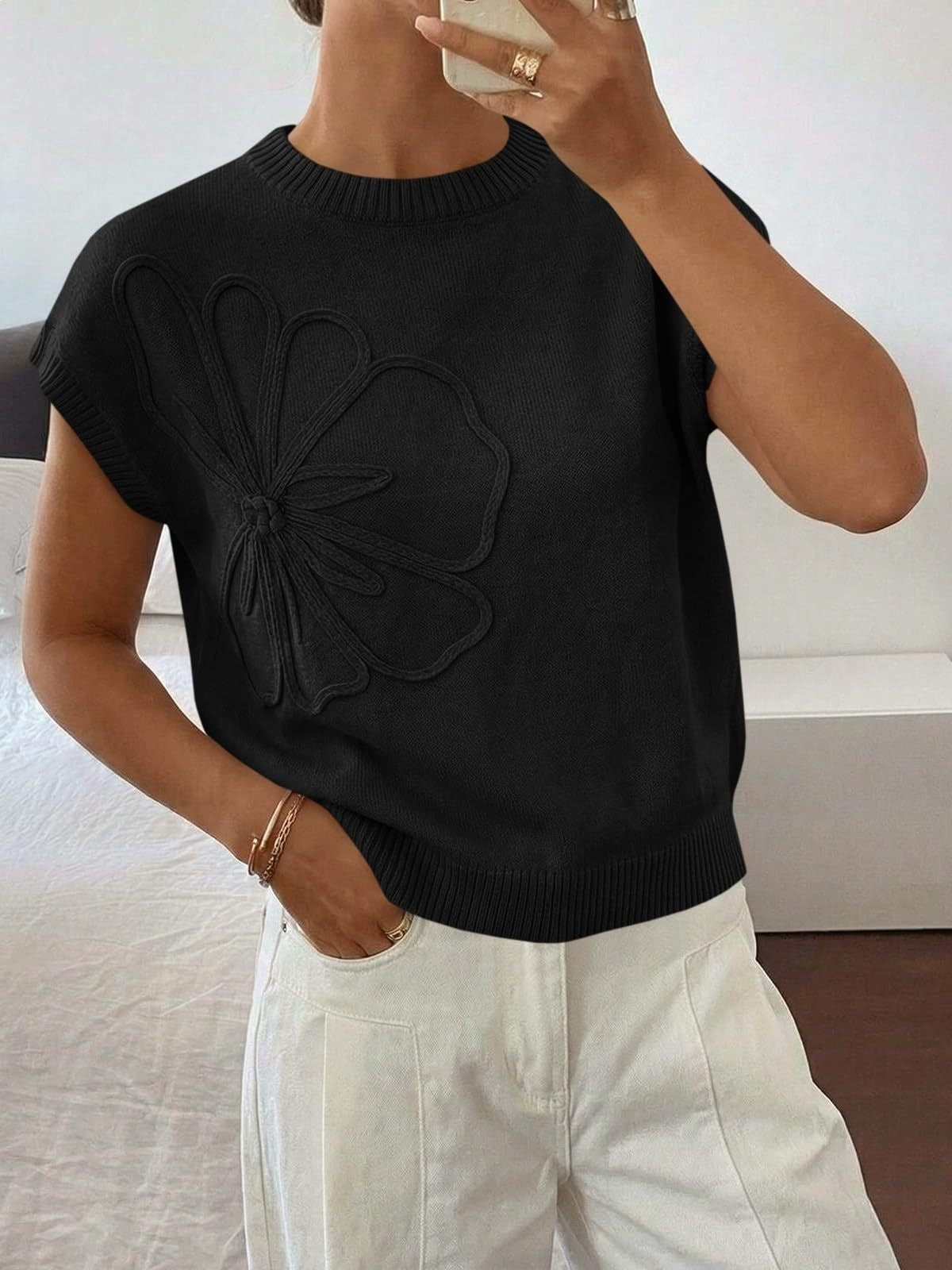 Floral Knit Sweater Short Sleeve Textured Summer Top