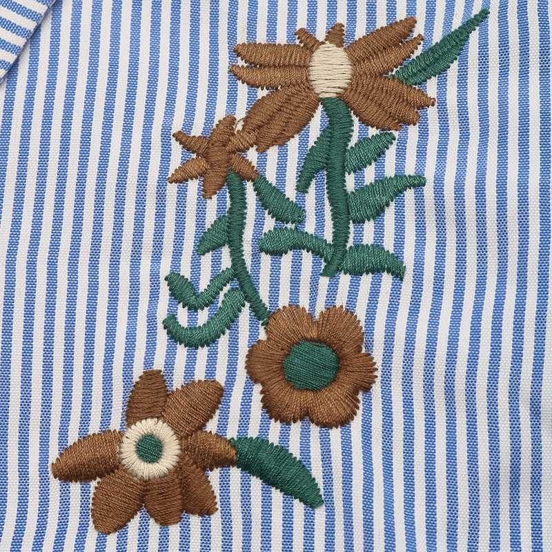 Striped Embroidered Ruffle Sleeve Button Down Blouse