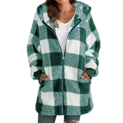 Womens Oversized Sherpa Plaid Hooded Zip Up Jacket