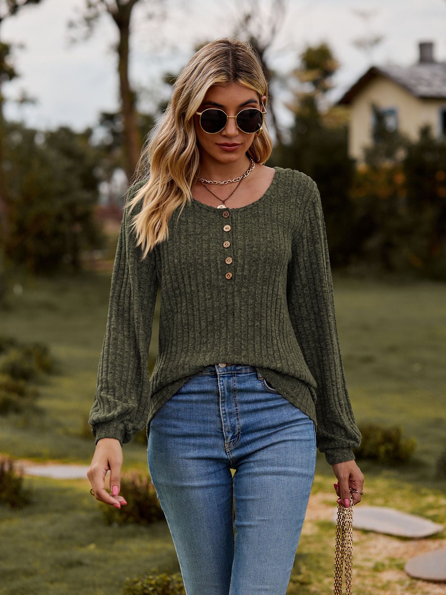 Ribbed Button Front Long Sleeve Knit Top for Women