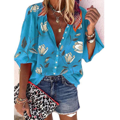 Women's Floral Print Puff Sleeve Button Down Blouse