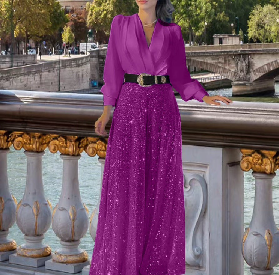 Women's 2 Piece Sequin Wide Leg Pants V Neck Belted Set