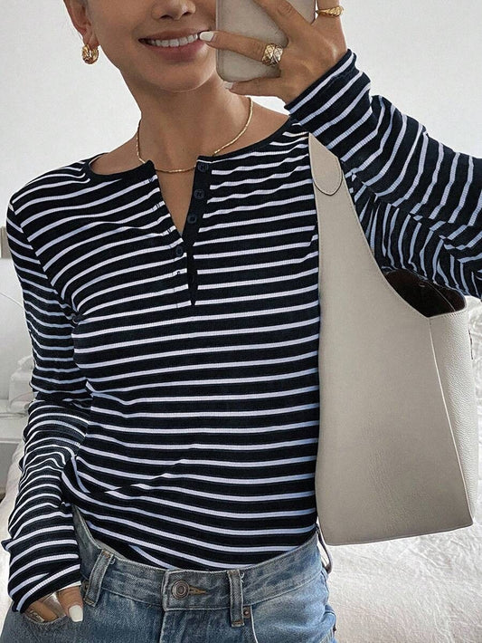 Striped Thermal Henley Long Sleeve Fitted Top