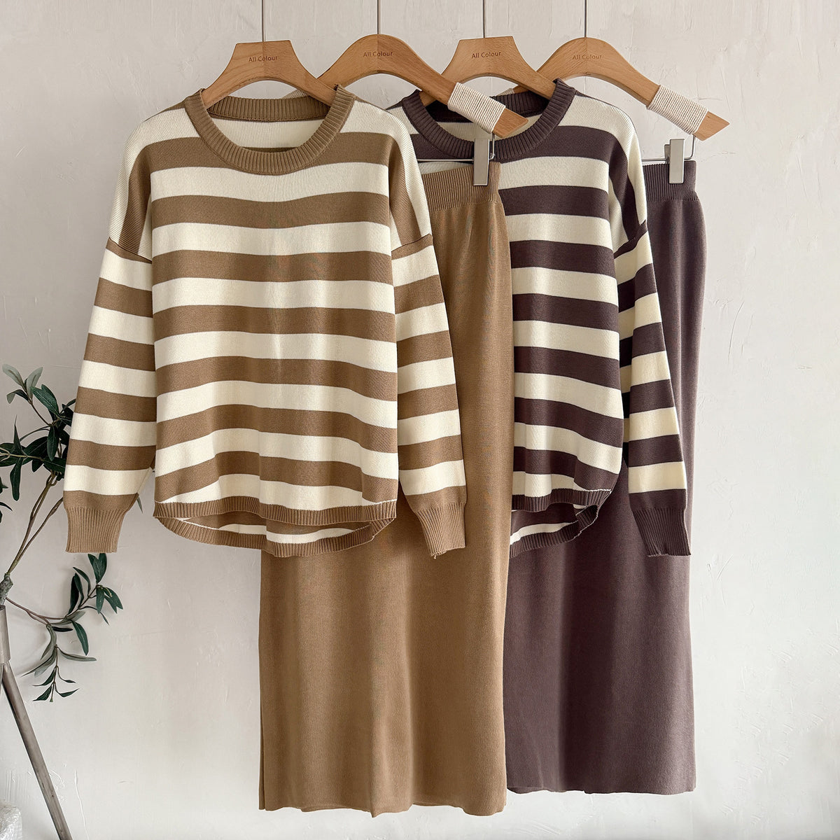 Striped Sweater & Midi Skirt Knit Matching Set