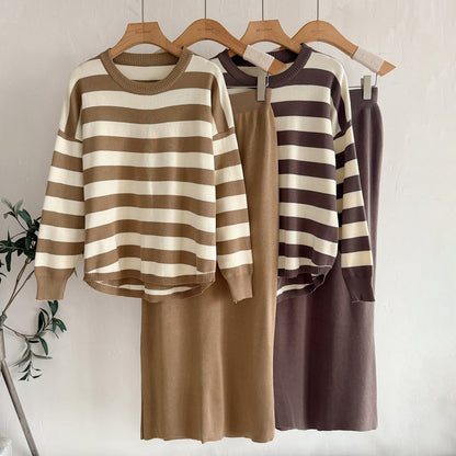 Striped Sweater & Midi Skirt Knit Matching Set