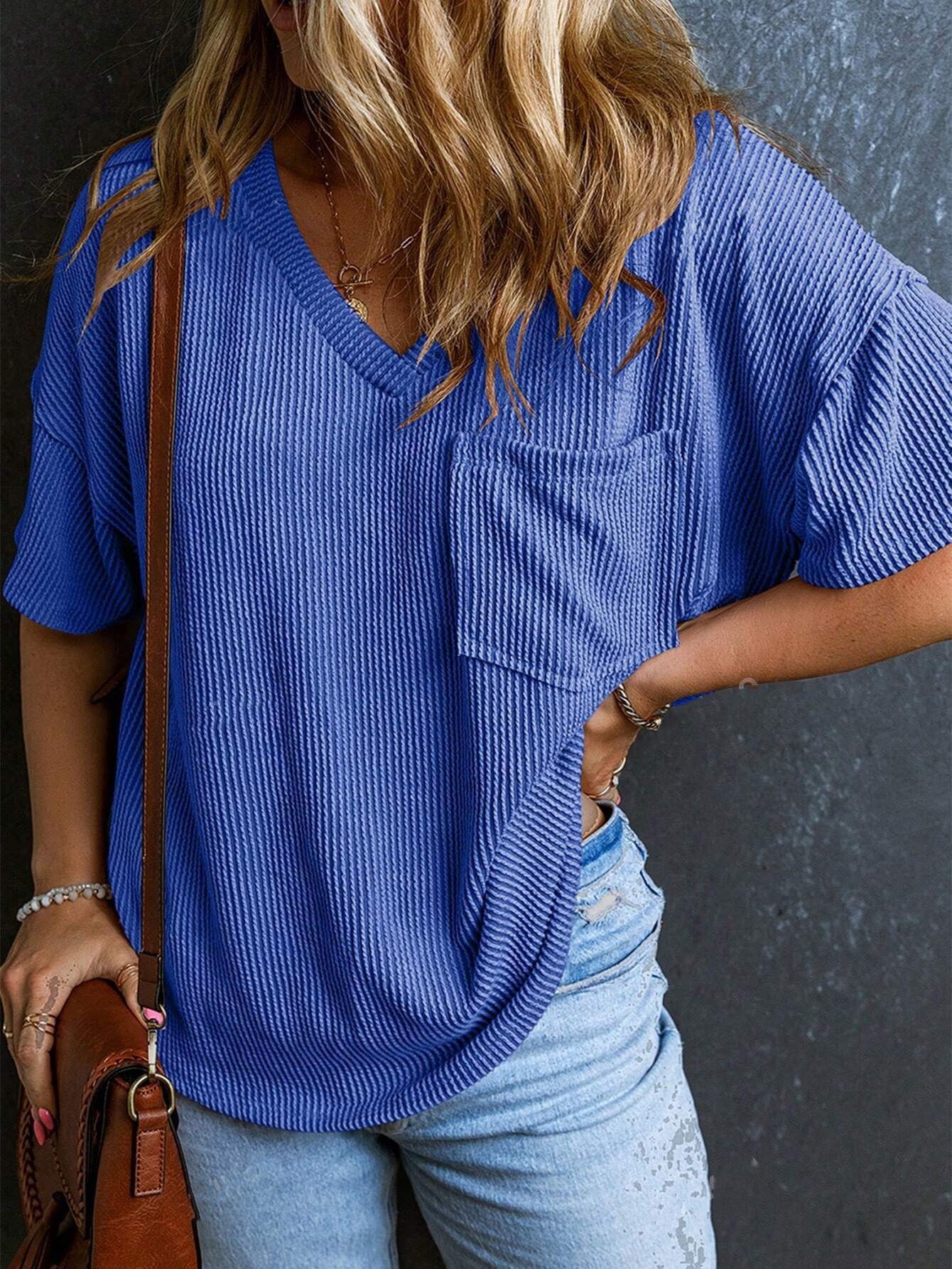 Women’s Ribbed V Neck Short Sleeve Pocket Tee