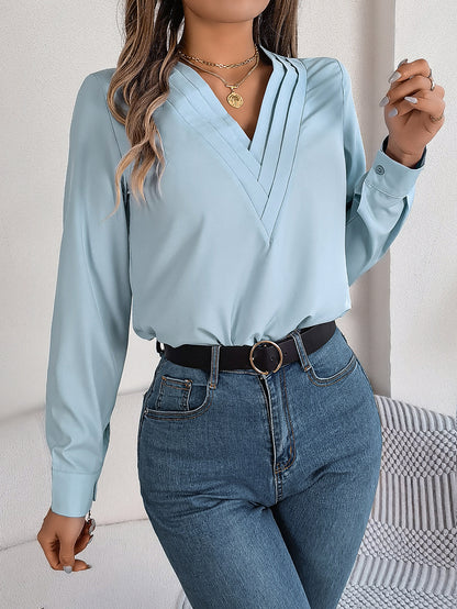 Elegant Layered V-Neck Long Sleeve Blouse – 2025 Fall/Winter