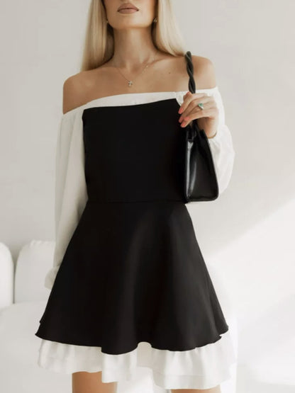 Black White Square Neck Puff Sleeve Ruffle A-Line Dress