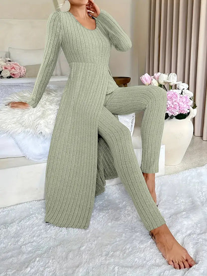 Ribbed Knit Side Slit Long Sleeve Pants Two Piece Set