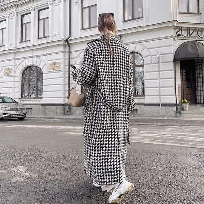 Women's Houndstooth Maxi Winter Coat Double Breasted Belted