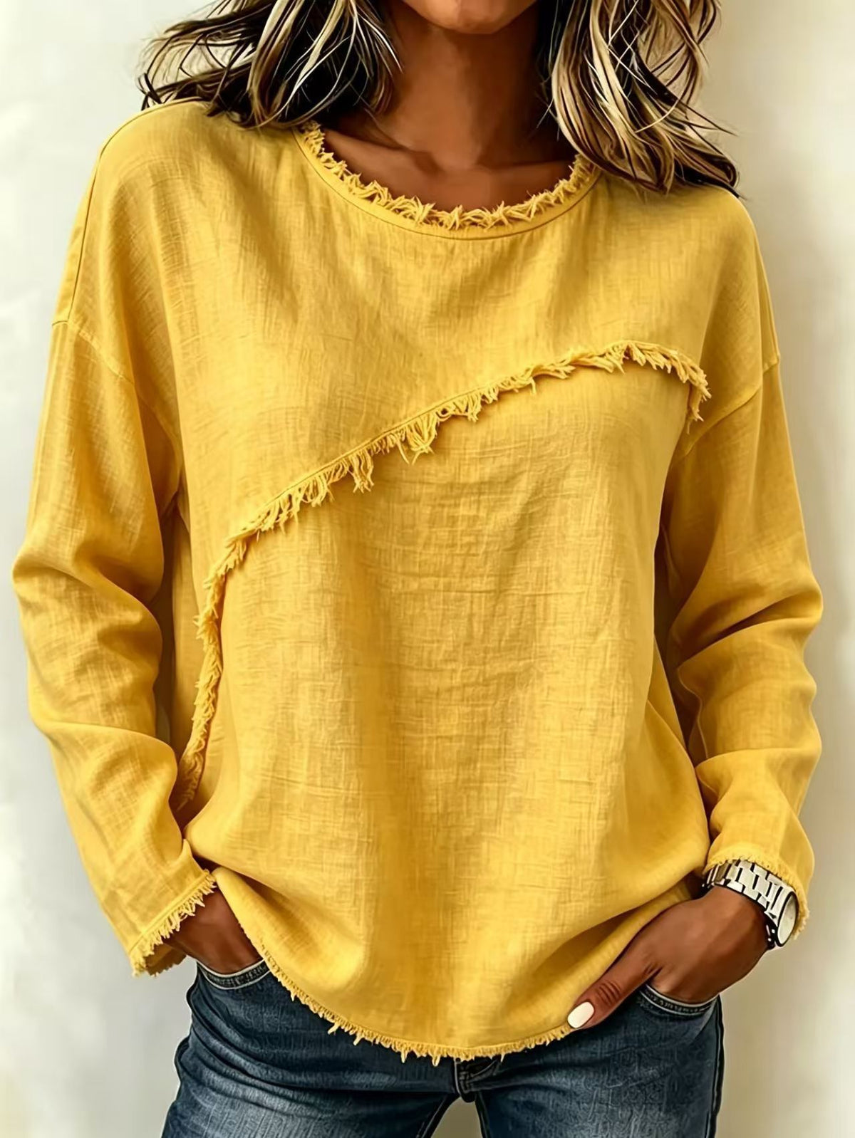 Women's Fringe Trim Crew Neck Long Sleeve Boho Top