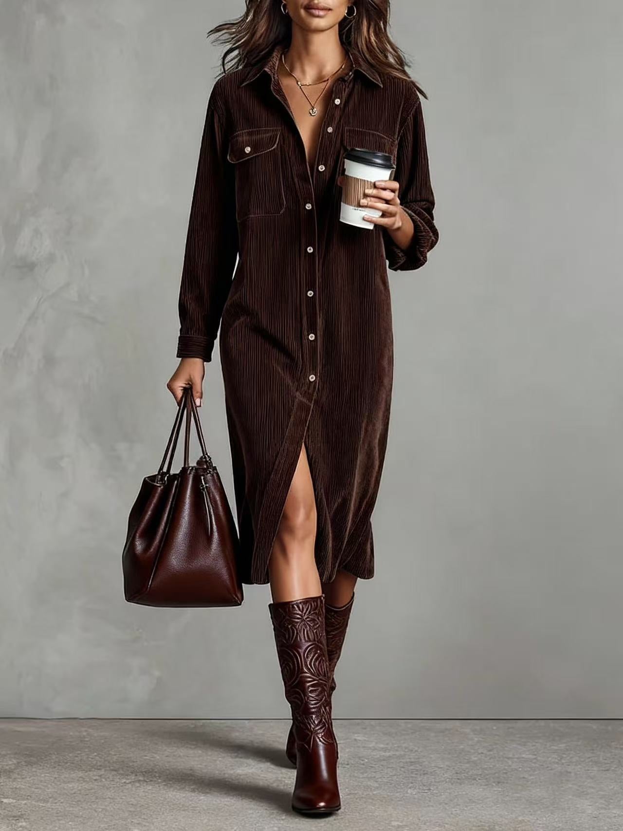 Corduroy Shirt Dress Long Sleeve Button Down Midi