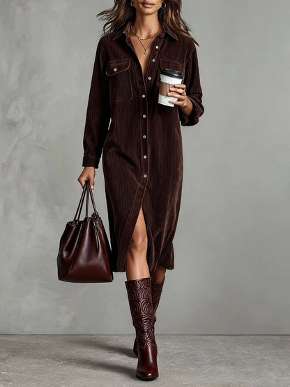 Corduroy Shirt Dress Long Sleeve Button Down Midi