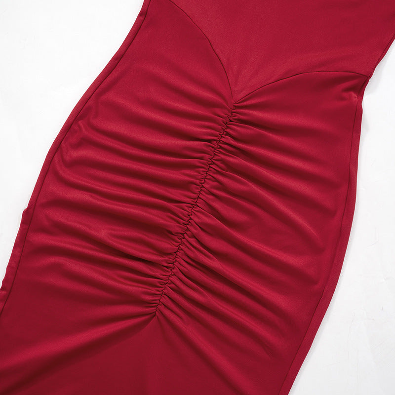 Mock Neck Padded Shoulder Ruched Bodycon Mermaid Maxi Dress