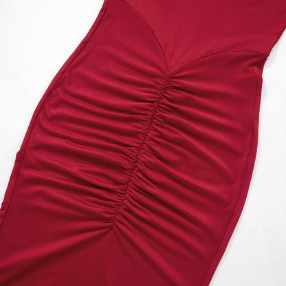 Mock Neck Padded Shoulder Ruched Bodycon Mermaid Maxi Dress