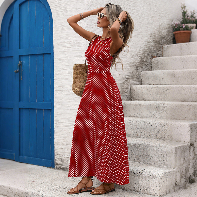 Polka Dot Sleeveless Maxi Dress Backless Summer