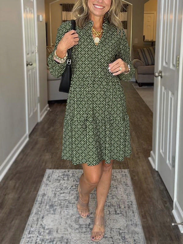 Women's Geometric V-Neck Midi Dress 3/4 Sleeve Flowy Casual