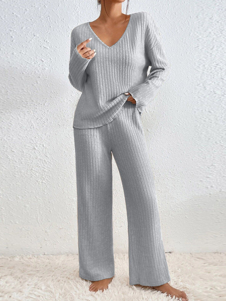 Women's Ribbed Knit Wide Leg Pants Two Piece Lounge Set
