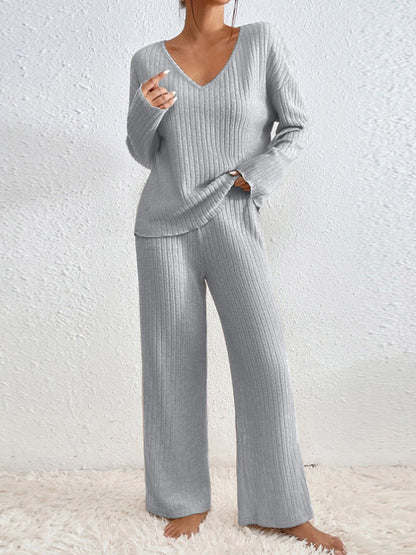 Women's Ribbed Knit Wide Leg Pants Two Piece Lounge Set