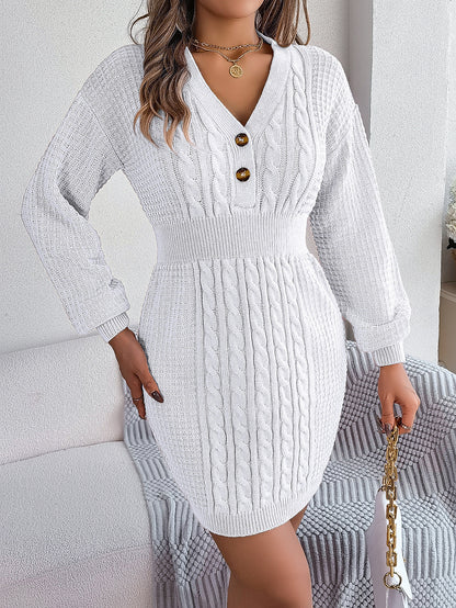 Button V Neck Sweater Dress | Cable Knit Bodycon Outfit