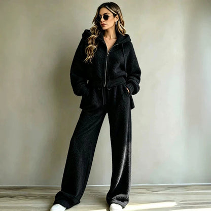 Women's Fleece Zip Hoodie & Wide Leg Pants Lounge Set