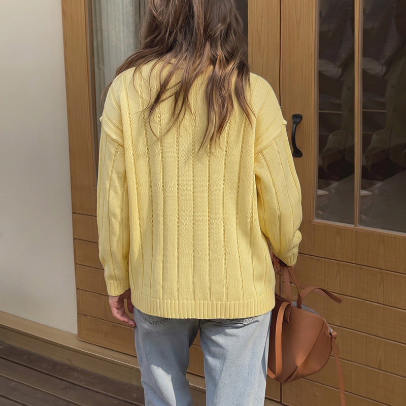 Solid Ribbed Knit Cardigan Button Front Crew Neck Sweater