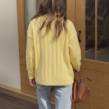 Solid Ribbed Knit Cardigan Button Front Crew Neck Sweater