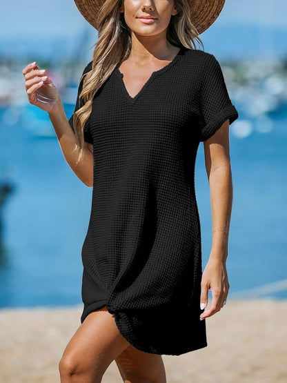 Waffle Knit V-Neck Short Sleeve Beach Cover Up Dress