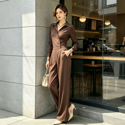 Elegant Minimalist High Waist Wide Leg Long Sleeve Jumpsuit