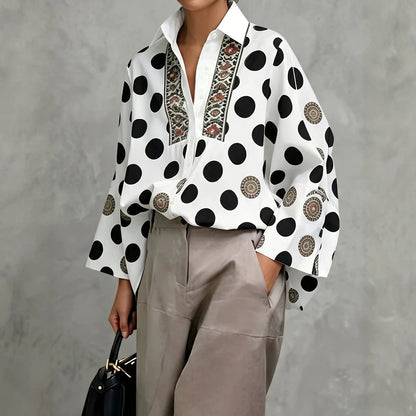 Polka Dot Collared Blouse Long Sleeve Loose Fit
