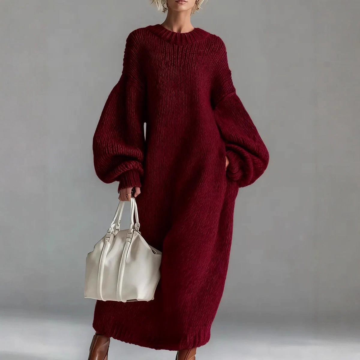 Crew Neck Balloon Sleeve Chunky Knit Maxi Sweater Dress