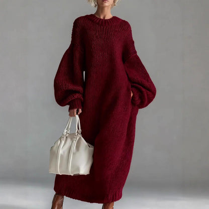 Crew Neck Balloon Sleeve Chunky Knit Maxi Sweater Dress