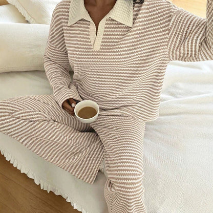 Striped Collared Knit Lounge Set Wide Leg Pants Set