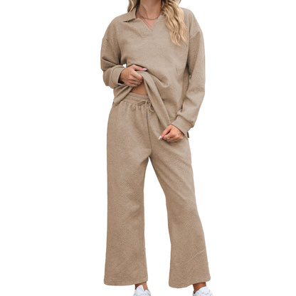 Women's Lounge Set Long Sleeve Collar Top Wide Leg Pants