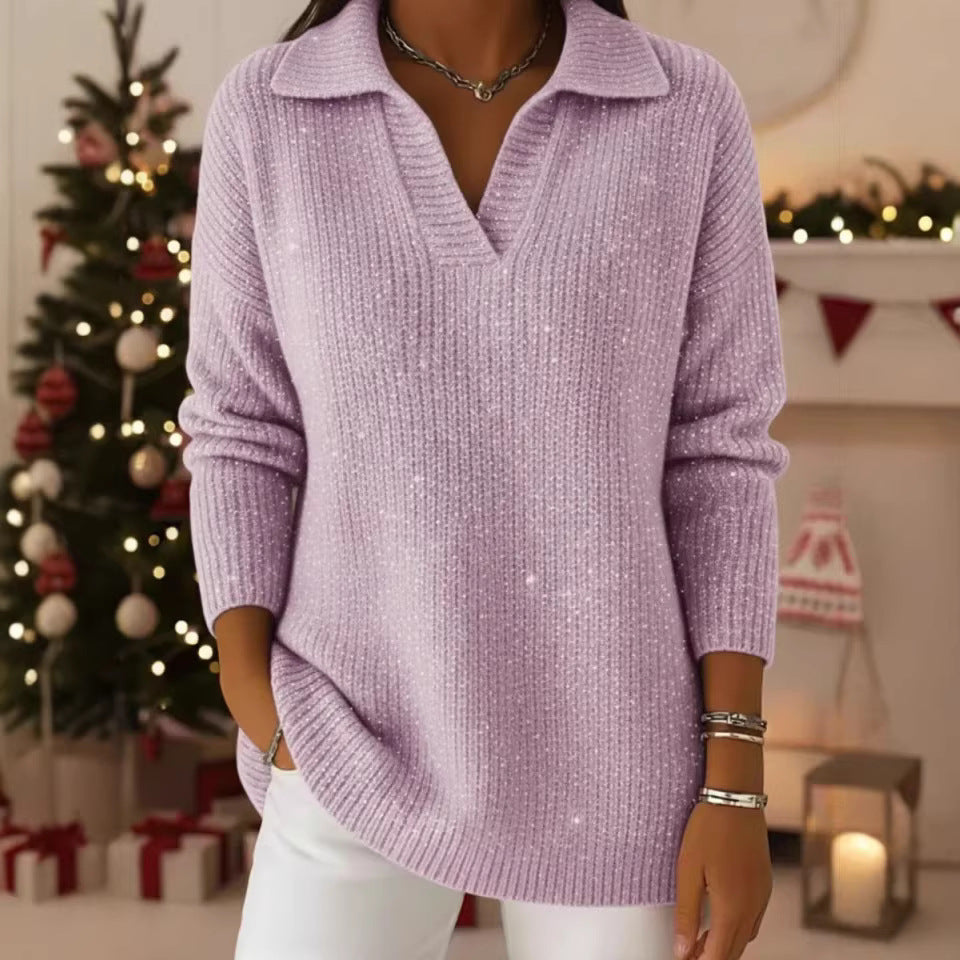 Sparkly Collared V-Neck Sweater Tunic