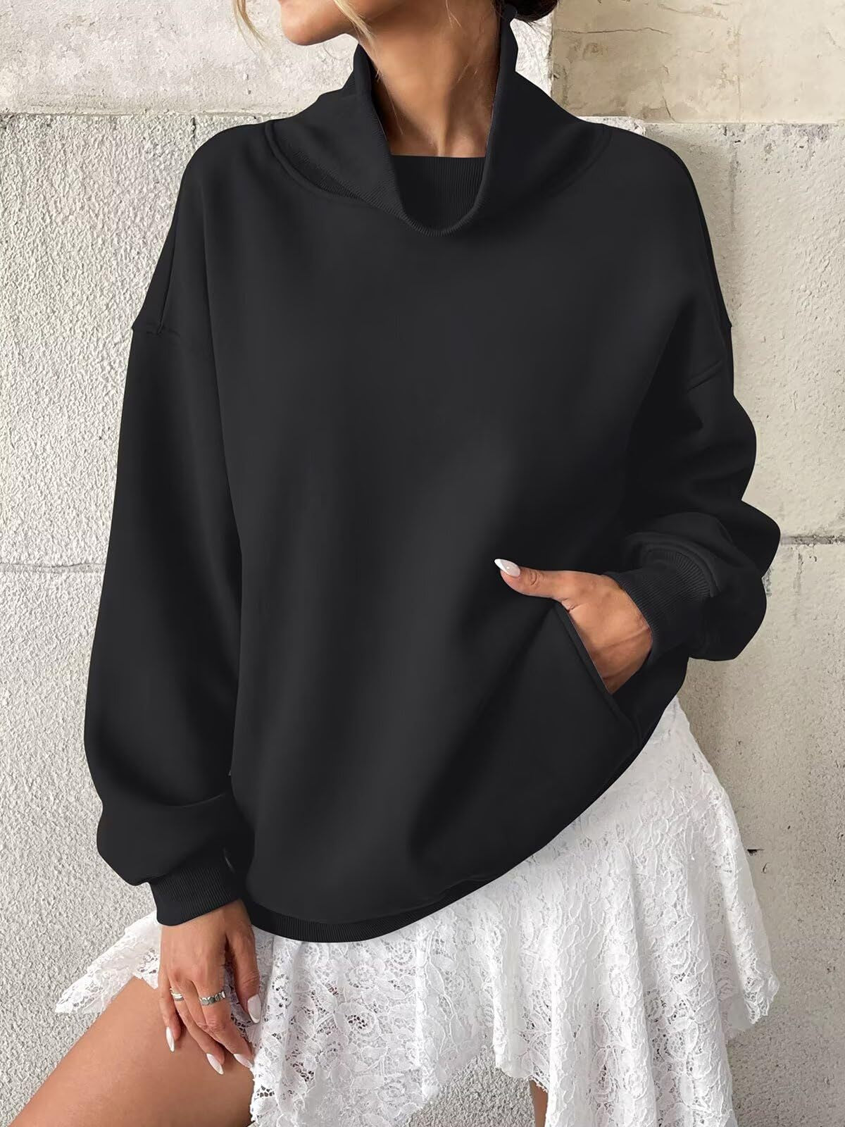 Fleece Mock Neck Oversized Sweatshirt Casual Pullover