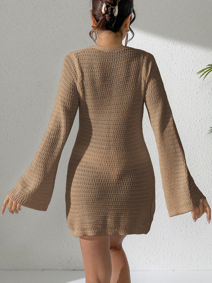 Deep V Crochet Beach Cover Up Bell Sleeve Mini Dress