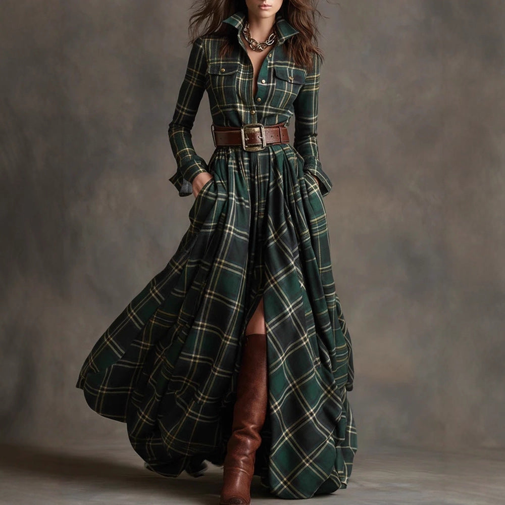 Plus Size Plaid Maxi Shirt Dress Belted Long Sleeve