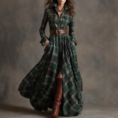 Plus Size Plaid Maxi Shirt Dress Belted Long Sleeve