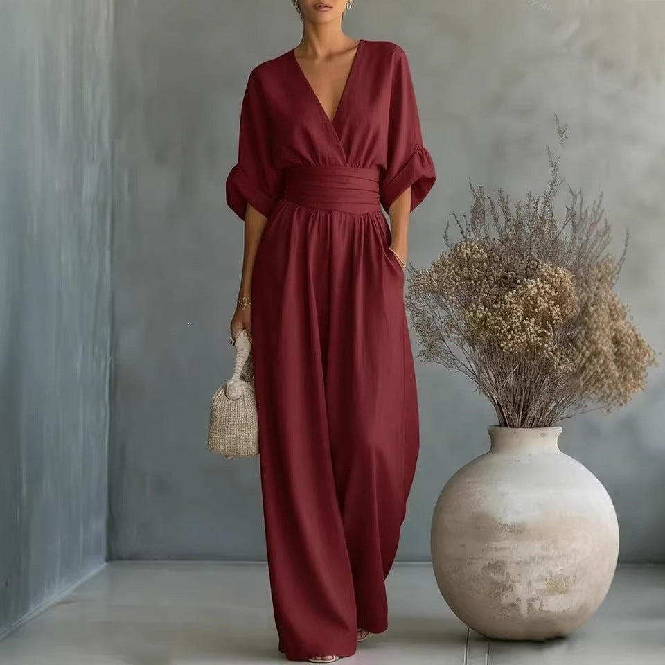 Elegant V-Neck Ruched Wide Leg Jumpsuit