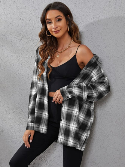 Women's Oversized Plaid Shacket Button Down Shirt Jacket