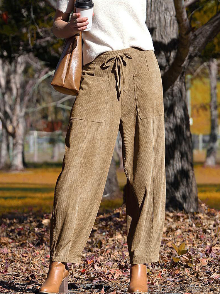 Women's Corduroy Wide Leg Pants Drawstring Pockets