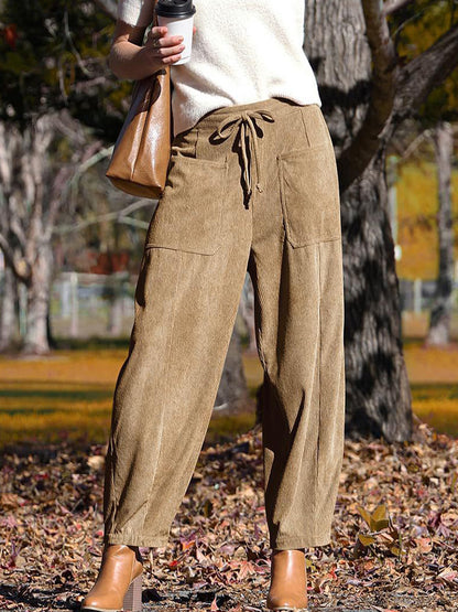 Women's Corduroy Wide Leg Pants Drawstring Pockets