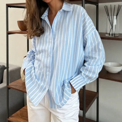 Women's Oversized Striped Linen Blend Button Down Shirt