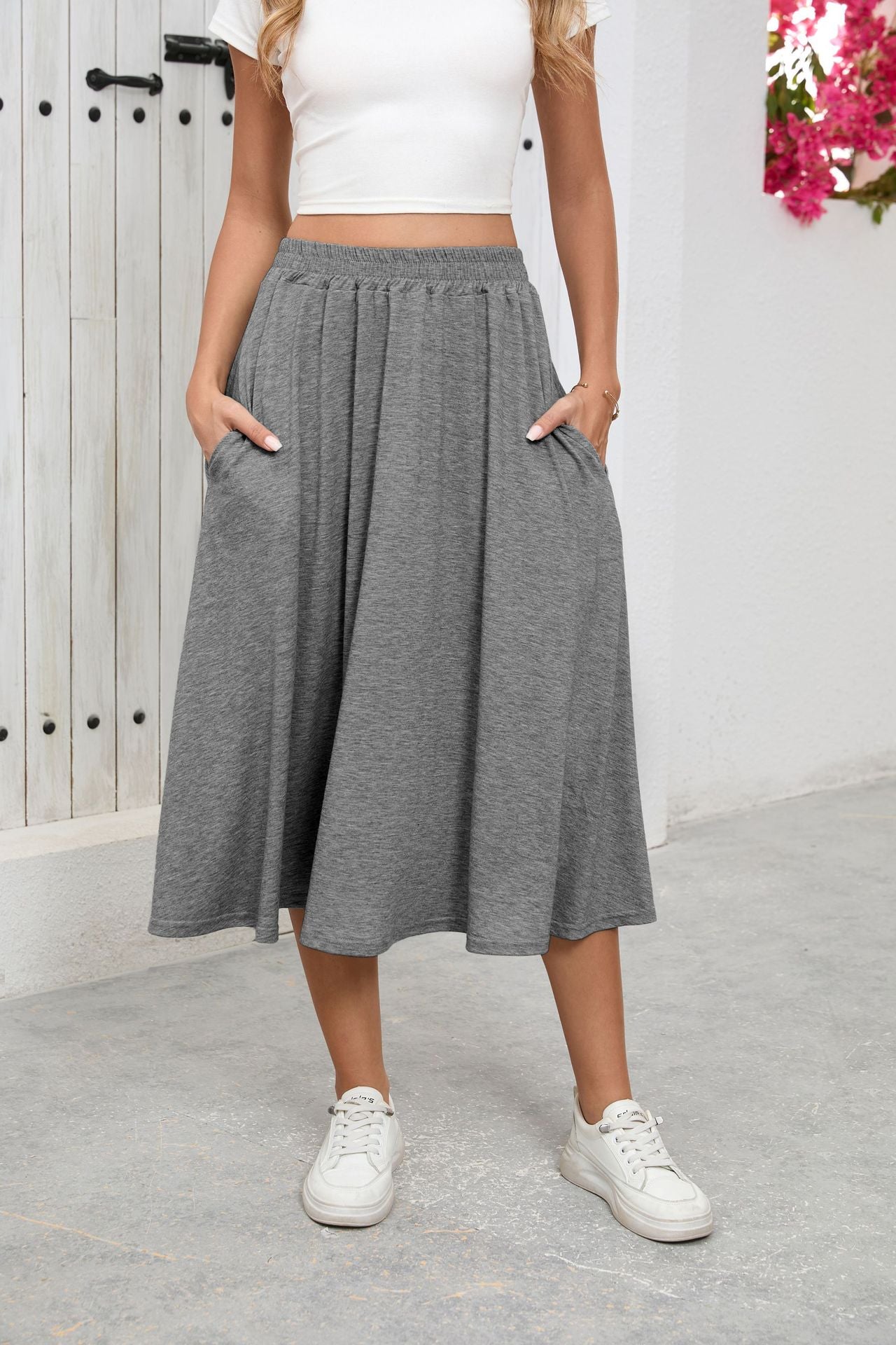 Solid Knit Midi Skirt High Waist A Line Elastic Work
