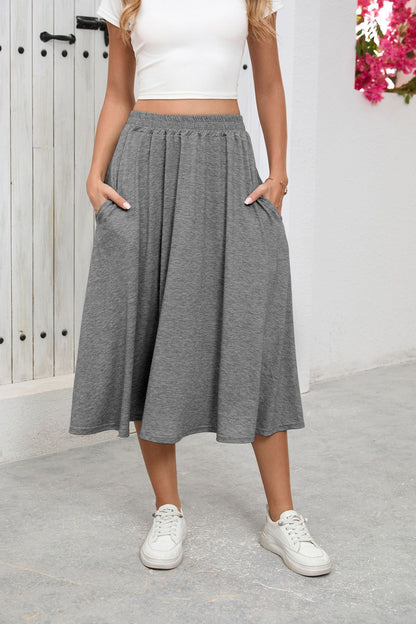 Solid Knit Midi Skirt High Waist A Line Elastic Work